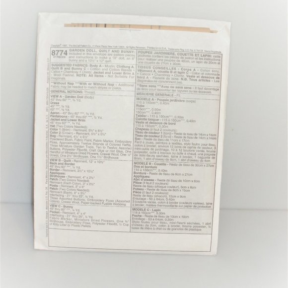 1997 McCall's Crafts GARDEN DOLL QUILT & BUNNY #8774 Sewing Pattern Vintage Doll - Picture 2 of 3